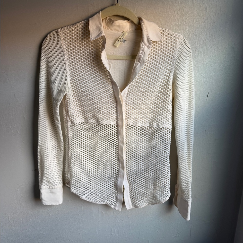 Rag & Bone Cream Button-Front Mesh Knit Shirt